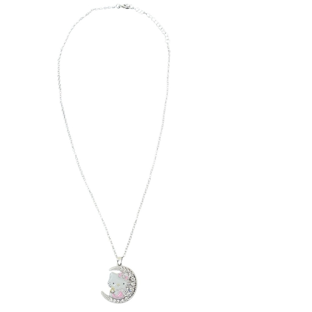 Hello Kitty crescent moon silver color necklace with rhinestones cute kawaii